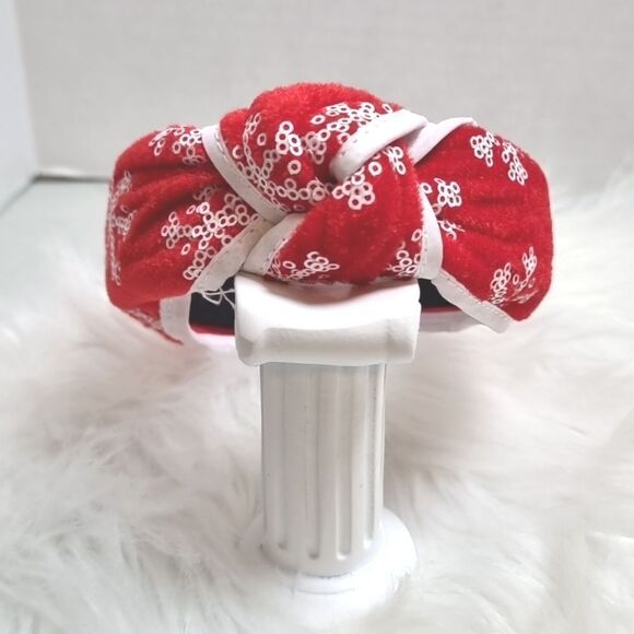 RED VELVET & WHITE SEQUIN SNOWFLAKE HOLIDAY HEADBAND - Picture 2 of 5